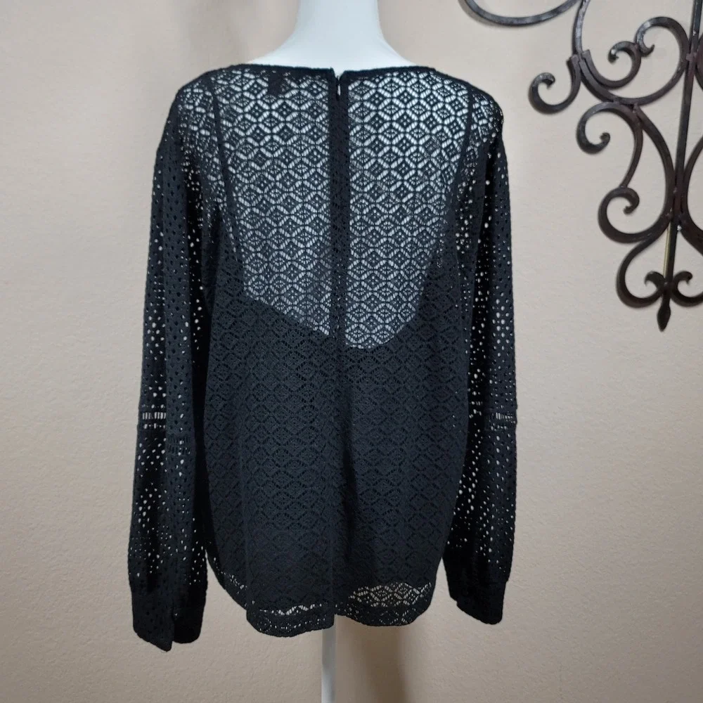 Banana Republic Lace Eyelet Top Women Black Geometric Long Sleeve Back Zip XXL